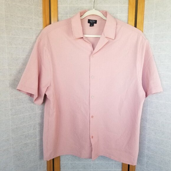 Boohoo Man Oversized Seersucker Stripe Collared Shirt Pink Size Large - Picture 1 of 6
